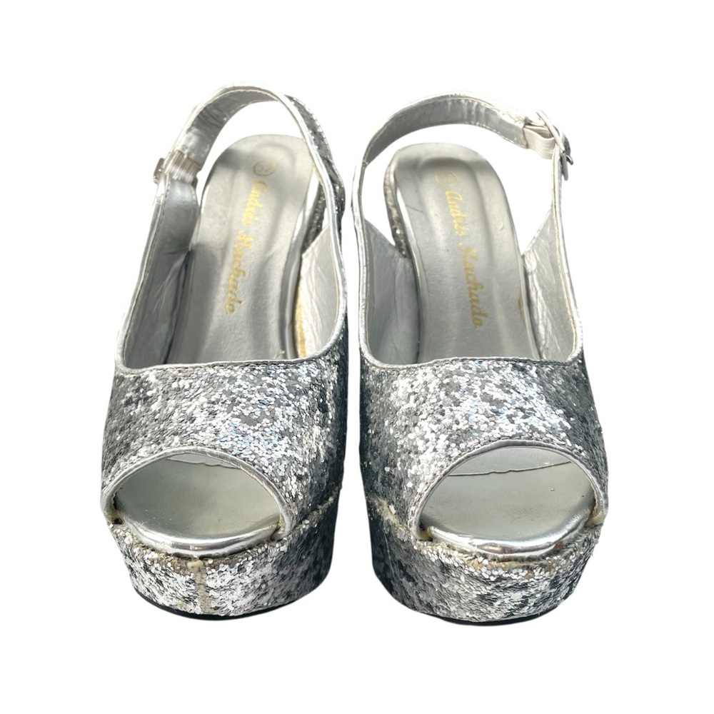 Girls Size 1 Heels Silver Glitter Platform Wedge Party Y2K Wedding Flower Girl